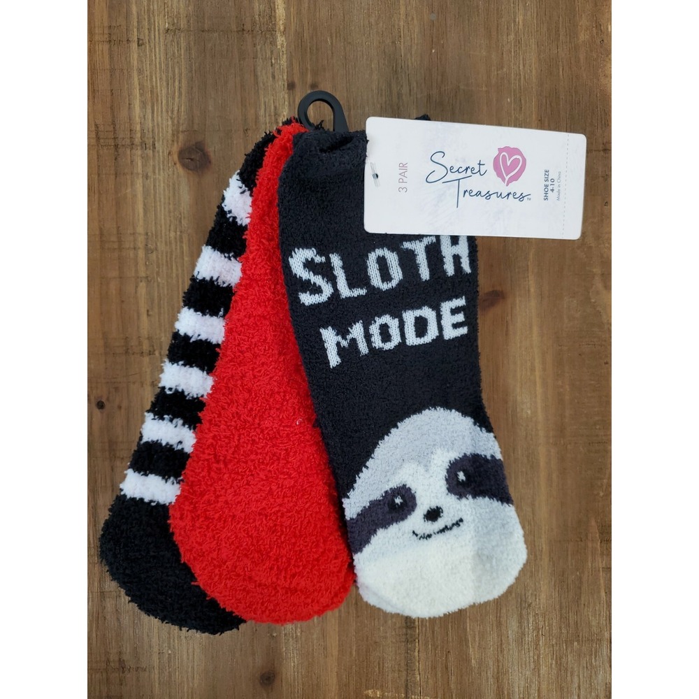 Sloth Mode 3-pk Cozy Socks Size 4-10 Black Red & Stripe Ladies Secret Treasures